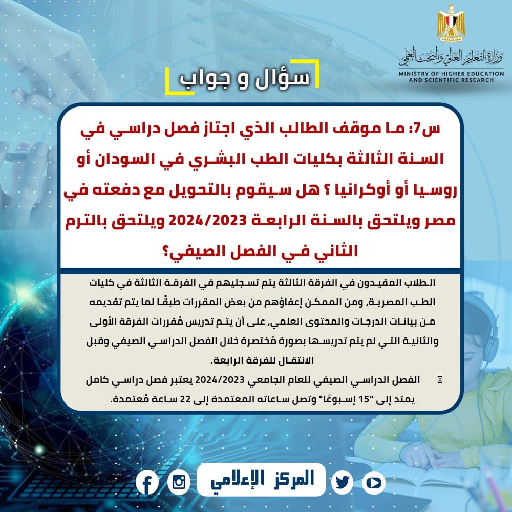  س و ج  للإجابة على استفسارات الطلاب المصريين العائدين من  الخارج