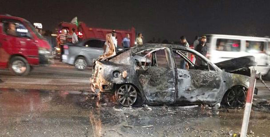 صور وفيديو ||  حريق سيارة ملاكى بكورنيش النيل