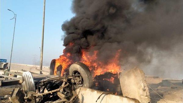 المرور يغلق نفق الأوسطى ويجري تحويلة مرورية لحين رفع حطام حادث انفجار تريلا