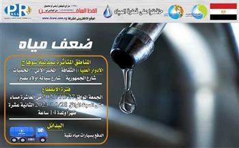 ضعف المياه بالأدوار العليا بمناطق الثقافة والمخبز الآلى والحميات بسوهاج