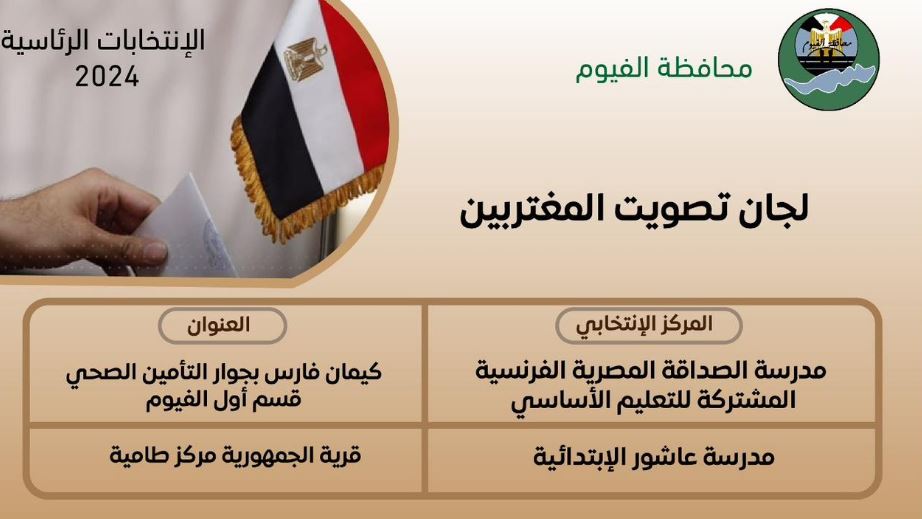 تعرف على مقار اللجان الانتخابية ولجان المغتربين بمحافظة الفيوم