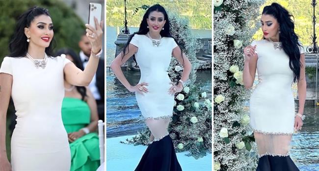 غادة عبد الرازق بفستان ذيل السمكة في حفل زفاف بإيطاليا