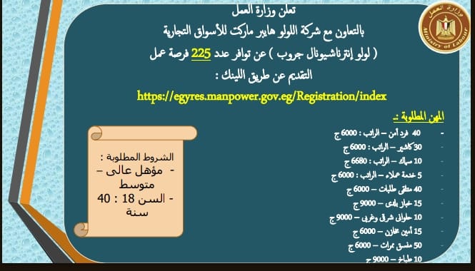 التقديم أونلاين.. "العمل" تعلن 225 فرصة عمل في شركة أسواق تجارية