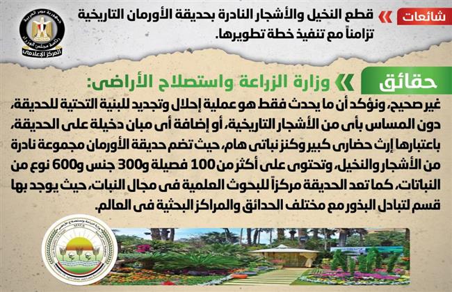 الحكومة: لا صحة لقطع النخيل والأشجار النادرة بـ حديقة الأورمان التاريخية
