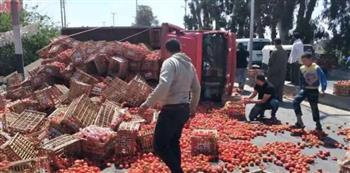 تعطل حركة المرور بسبب انقلاب سيارة محملة بالطماطم فى اتجاه ميدان الرماية