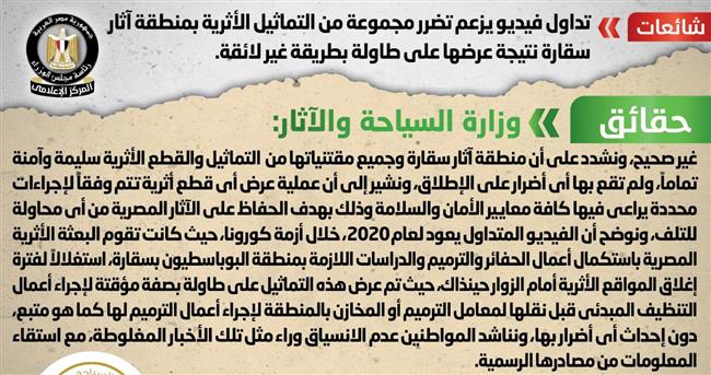 "السياحة والآثار" تكشف حقيقة تضرر مجموعة من التماثيل بـ منطقة سقارة