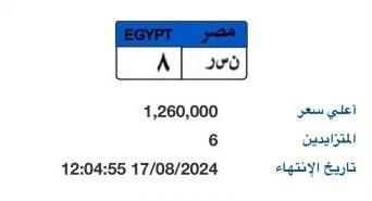 مزاد على لوحة "ن س ر- 8" وسعرها يصل لـ مليون و260 ألف جنيه