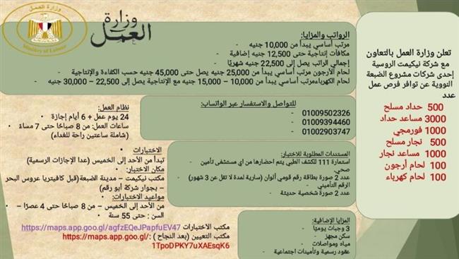 وزارة العمل توفر 6200 فرصة عمل جديدة بـ مشروع الضبعة النووي بالتعاون مع بتروجيت