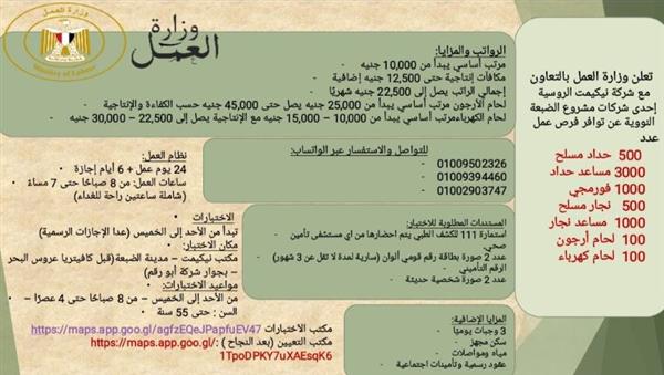 وزارة العمل توفر 6200 فرصة عمل جديدة بـ مشروع الضبعة النووي بالتعاون مع بتروجيت