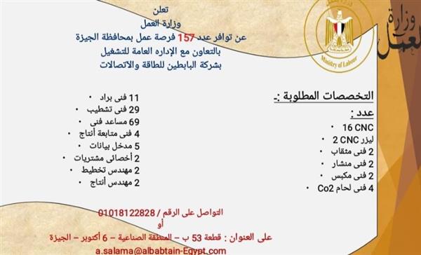 وزارة العمل: 157 فرصة عمل جديدة بمحافظة الجيزة