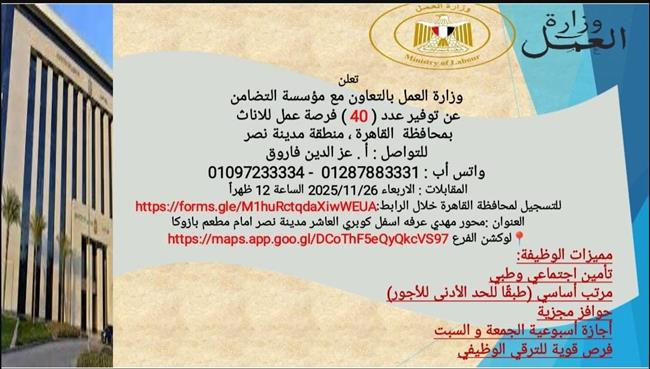 40 فرصة عمل للسيدات بمدينة نصر بالتعاون مع مؤسسة التضامن.. والتقديم الأربعاء