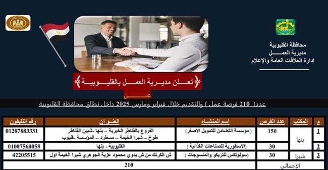 القليوبية تعلن عن 210 فرص عمل متنوعة
