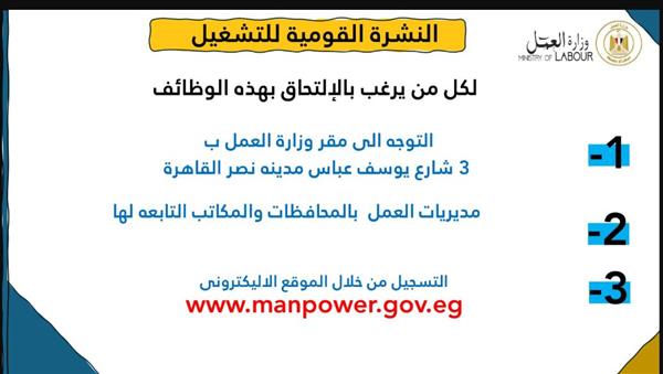 وزارة العمل:  960 فُرصة عمل جديدة في 49  شركة خاصة تنتظر شباب 10 محافظات