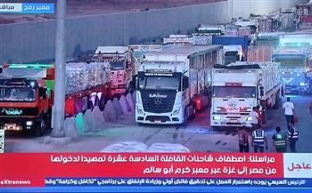 اصطفاف شاحنات القافلة السادسة عشر من المساعدات الإنسانية تمهيدا لدخولها من مصر إلى غزة