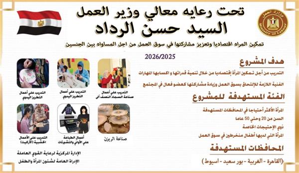 وزارة العمل: مشروع لدعم إدماج النوع الاجتماعي وتمكين المرأة اقتصاديًا واجتماعيًا في 4 محافظات