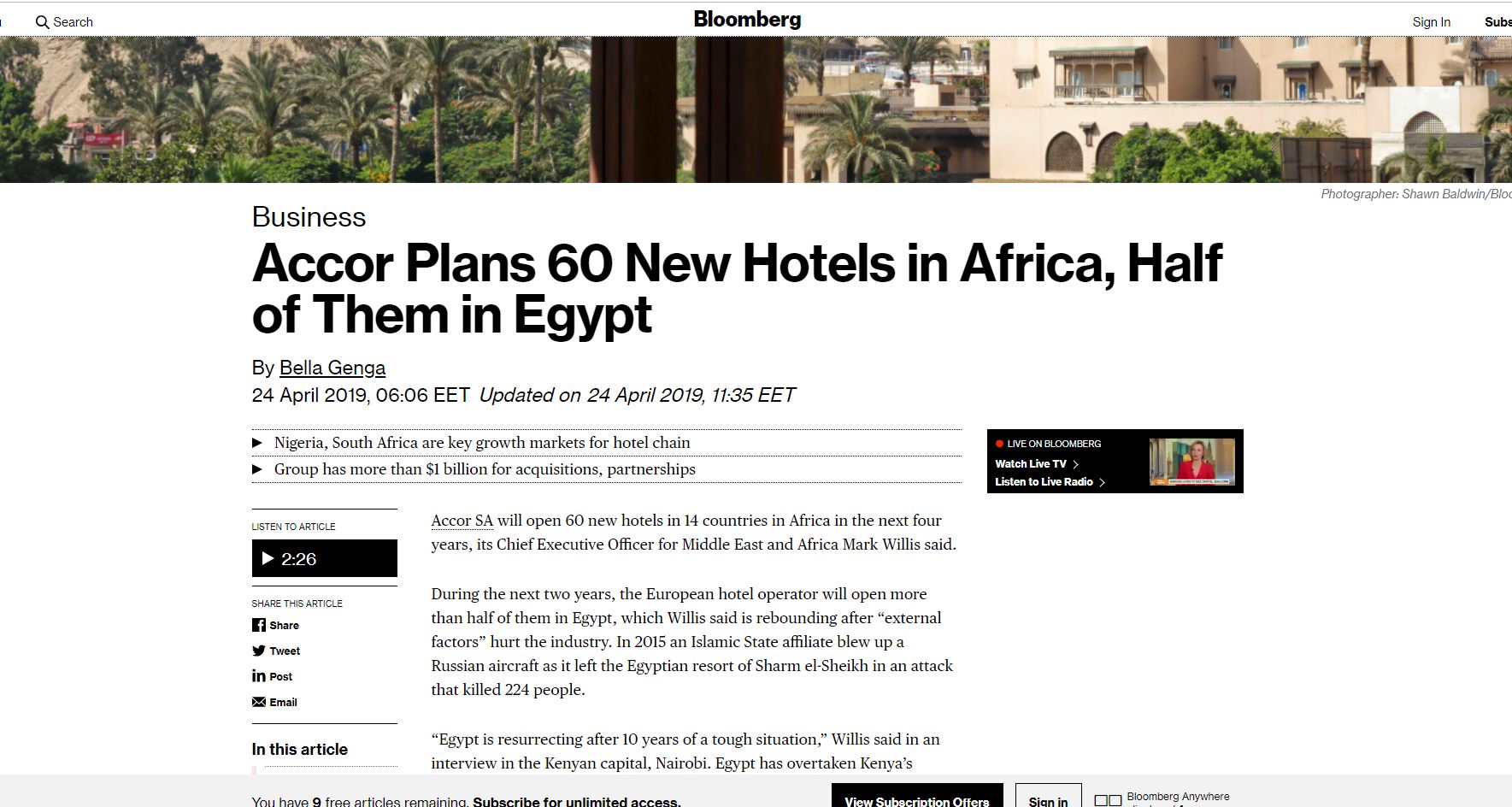   «بلومبيرج»: مجموعة فنادق « أكور » العالمية تفتتح العام القادم 60 فندقا جديدا نصفها في مصر