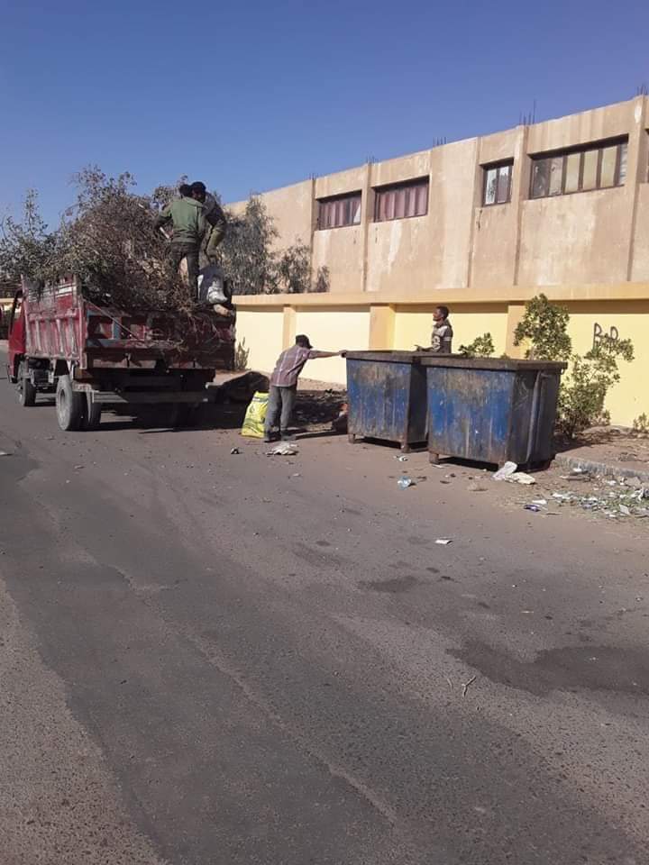   رفع مخلفات الأشجار  والقمامة بعمارات الكمين تمهيدا لبدء أعمال الرصف بمدينة رأس غارب بالبحر الأحمر